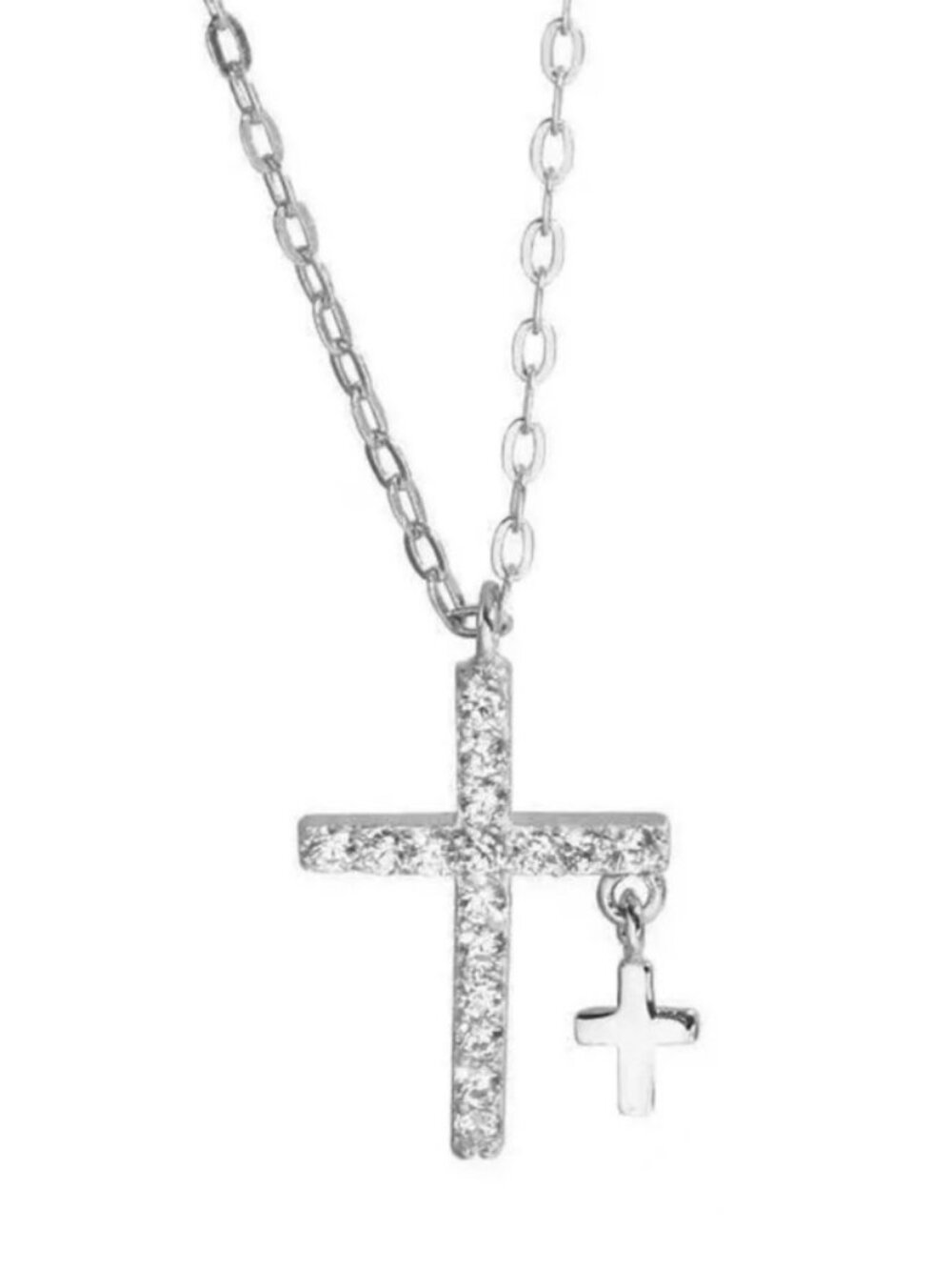 Silver Rhinestone Double Cross Pendant Necklace Christian Faith Jesus Jewelry